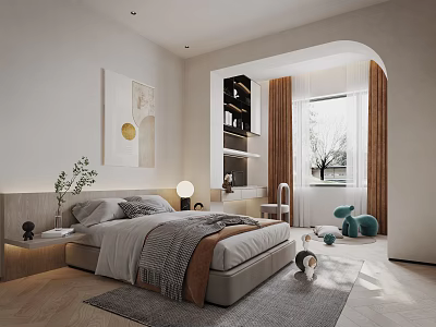 Modern Bedroom Interior Design With Bed Nightstand Lamp Abstract Artwork Plant Curtains And Area Rug 3d model