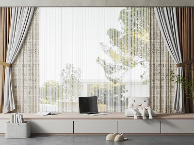 Layered Curtains With Sheer Panels And Thick Drapes In Window Seat Area With Natural Light 3d model