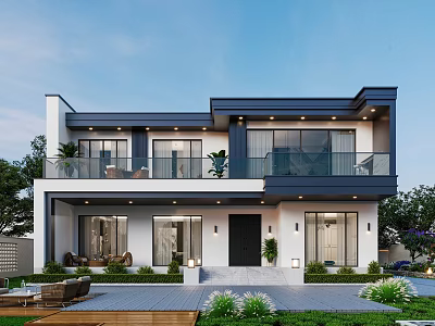 Modern Two Story Detached House Exterior Design With Large Windows Balcony And Garden 3d model