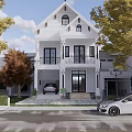 Elegant White Detached Villa With Garage Car Lawn Trees And Steps Front View