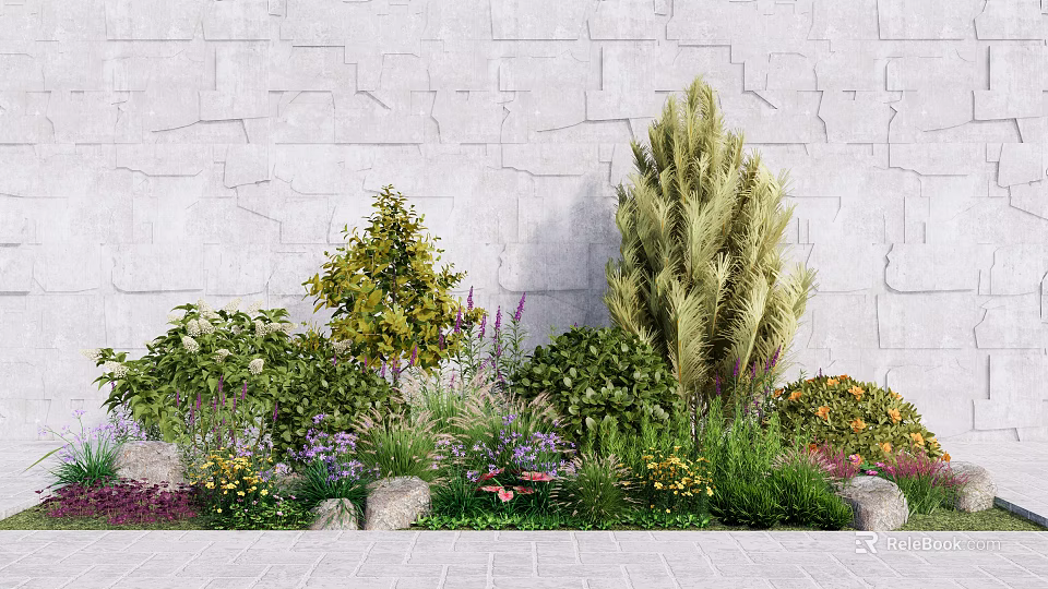 Plant Combination With Gray Stone Wall Background Green Yellow Purple Leaves Flowers And Stone Accents 3d model 