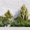 Plant Combination With Gray Stone Wall Background Green Yellow Purple Leaves Flowers And Stone Accents