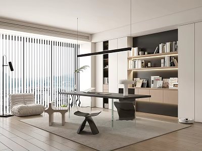 Bright Modern Study Room With Large Windows Blinds Wooden Desk Bookshelves And Accent Chair 3d model