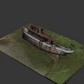 Abandoned Boat With Rusted Hull Grassy Field And Shark Graffiti Artwork