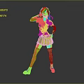 Stylish Female Character With Purple Hair Pink Shirt Red Pleated Skirt And Black Stockings Posing