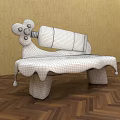 Orange Public Chair With Bone Shaped Backrest And Drippy Bottle Decoration On Wooden Floor