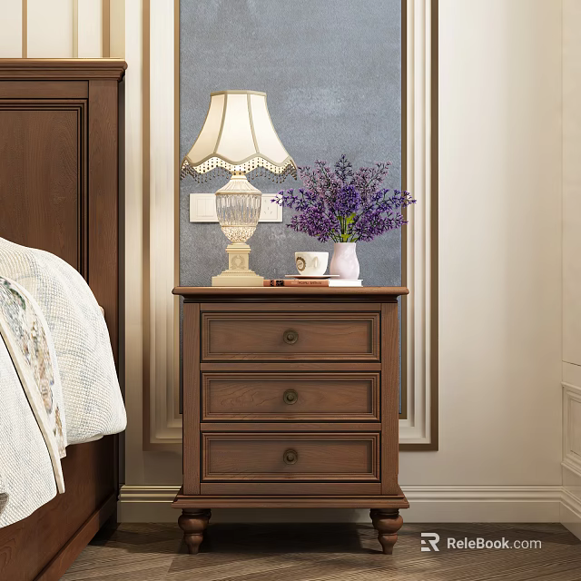 Brown Wooden Nightstand With Fringed Table Lamp Purple Flower Vase And Three Drawers 3d model 