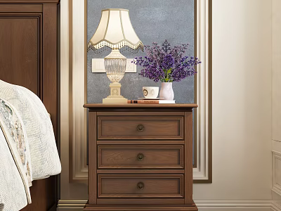 Brown Wooden Nightstand With Fringed Table Lamp Purple Flower Vase And Three Drawers 3d model