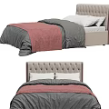 Modern Double Bed With Tufted Upholstered Headboard And Gray Pink Bedding