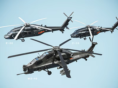Military Helicopters Z20 and WZ10 Flying in Formation Under Blue Sky 3d model