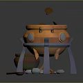 Enchanted Cauldron Setup With Golden Tripod Green Pot Stones And Wooden Spoon