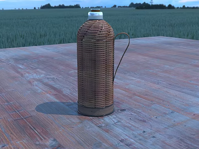 Classic Woven Rattan Thermos Flask on Wooden Platform with Green Field Background 3d model