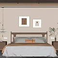 Cozy Bedroom Interior With Woven Rattan Ceiling Beige Bedding Framed Artworks And Wooden Nightstands