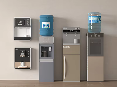 Different Types Of Water Dispensers Wall Mounted And Floor Standing With Bottles 3d model