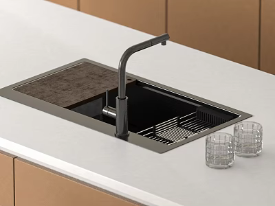 Modern Kitchen Sink Built In White Countertop With Black Faucet And Glass Cups Brown Cabinets 3d model