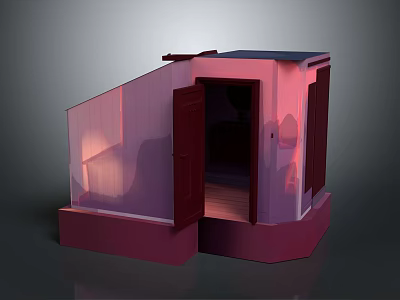 Cartoon Scene of a Small Pink House with Open Door Illuminated Interior and Slanted Roof 3d model