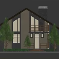 Modern Gabled House With Chimney Wooden Balcony Steps Trees and Grass