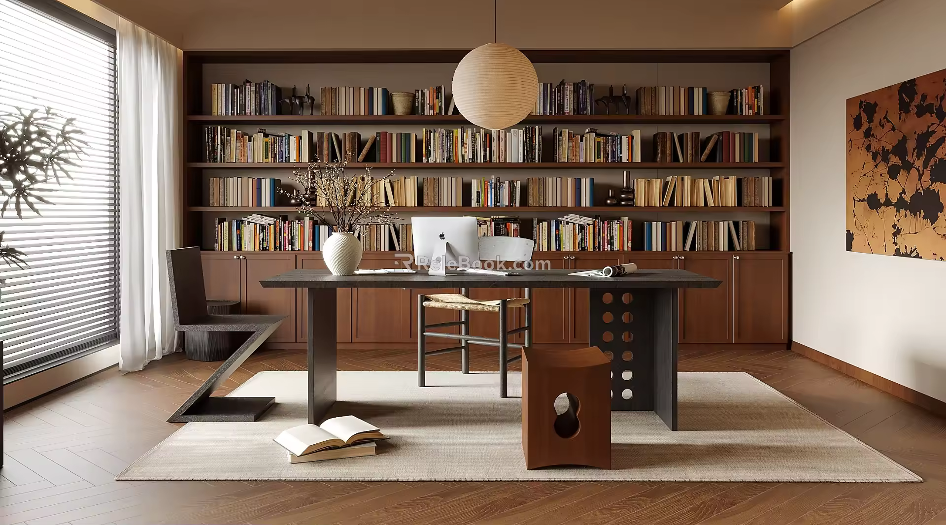 Modern Bookcase Desk Bookcase Chandelier Bookshelf 3d model
