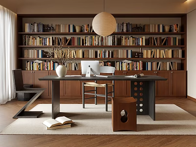 Cozy Modern Study Room Interior With Wooden Desk Computer Bookshelves And Vase 3d model