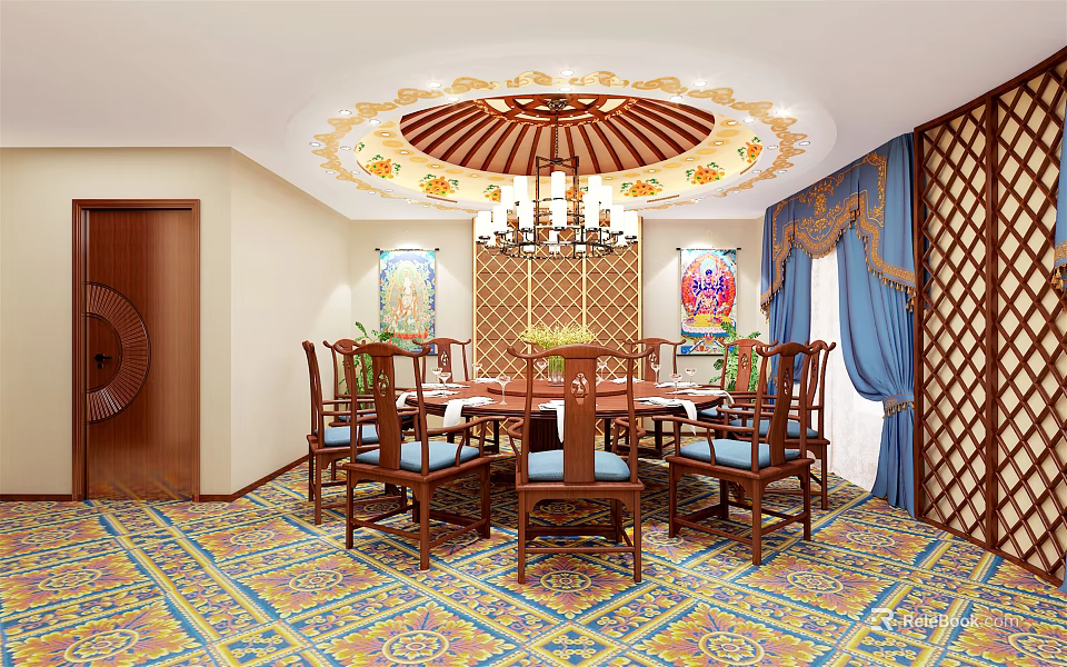 Chinese Style Private Dining Room With Round Table Chairs Chandelier Colorful Carpet And Wall Decor 3d model 