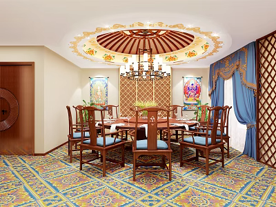 Chinese Style Private Dining Room With Round Table Chairs Chandelier Colorful Carpet And Wall Decor 3d model