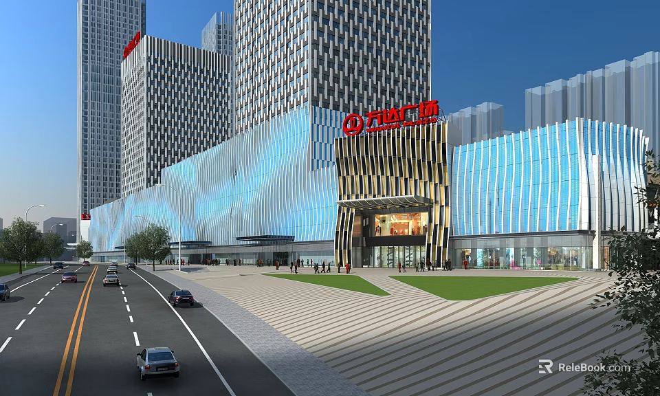 Modern Commercial Street With Tall Buildings Glass Curtain Walls Plaza Pedestrians And Vehicles 3d model 