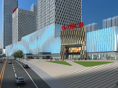 Modern Commercial Street With Tall Buildings Glass Curtain Walls Plaza Pedestrians And Vehicles 3d model