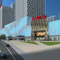 Modern Commercial Street With Tall Buildings Glass Curtain Walls Plaza Pedestrians And Vehicles
