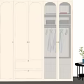 White Modern Wardrobe With Glass Doors Open Shelves Drawers Lighting And Side Table Green Plant