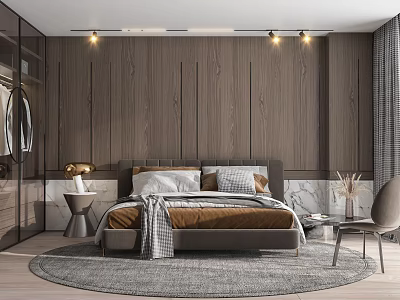 Modern Bedroom Interior Design Featuring Wooden Wall Bed Pillows Blanket Round Rug And Chair 3d model