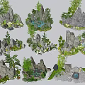 Natural Stone and Wood Rock Formations With Green Plants For Garden Landscaping Design