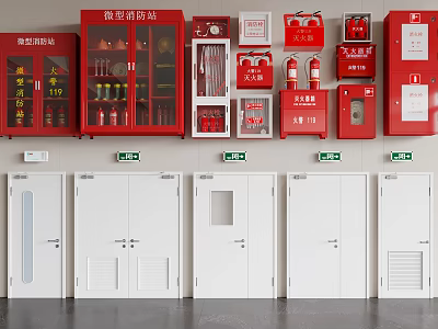 Fire Equipment Store Interior With Red Fire Cabinets Extinguisher Cabinets And White Fire Doors 3d model