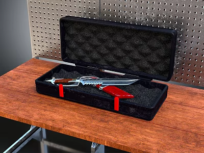 Knife In Black Case Placed On Wooden Table With Perforated Metal Background 3d model
