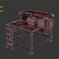 Rusty Industrial Machine With Red Rotary Parts On Metal Frame