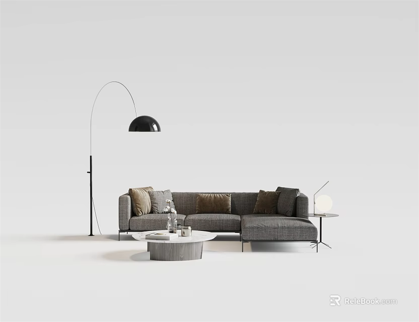 Modern Grey Multi seat Sofa Interior With Floor Lamp Coffee Table And Throw Pillows 3d model
