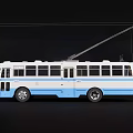 Vintage Blue And White Trolleybus With Overhead Wires On Black Background