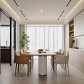 Elegant Modern Dining Room Interior With Dining Table Chairs Pendant Lights And Plant White Curtains