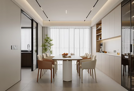 Modern Cream Style Restaurant Dining Table and Chair Combination Green Plant Sideboard Wine Cabinet Fruit Book Curtain 3d model