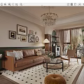 Classic Living Room Interior With Brown Leather Sofa Checkered Rug Crystal Chandelier And Framed Artworks