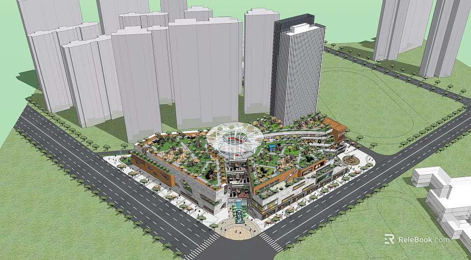 Urban Commercial Complex With Green Rooftop And Circular Atrium Surrounded By Tall Buildings 3d model 