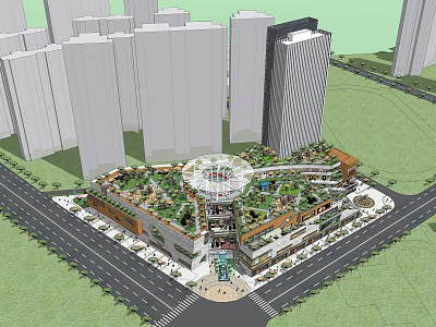 Urban Commercial Complex With Green Rooftop And Circular Atrium Surrounded By Tall Buildings 3d model