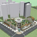 Urban Commercial Complex With Green Rooftop And Circular Atrium Surrounded By Tall Buildings