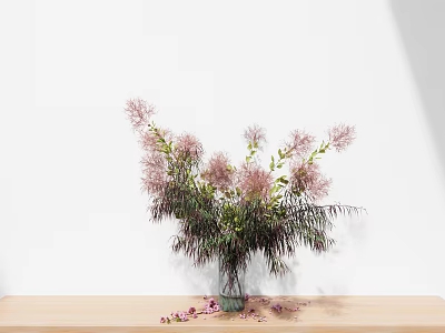 Pink Flowers in Green Vase with Scattered Petals on Wooden Table White Background 3d model