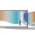 Outdoor Sculpture With Colorful Corrugated Panels In Urban Square With Pedestrians And Historic Buildings
