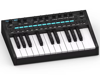 Compact Electronic Musical Instrument MIDI Keyboard With White Keys Black Knobs And Blue Lights 3d model