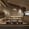 Traditional Tea House Interior With Wooden Ceiling Lanterns Long Table Screen And Plants