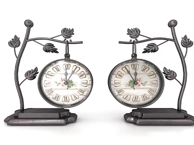 Vintage Decorative Clocks with Metal Branch Leaf Stands Floral Patterns and Roman Numerals Design 3d model