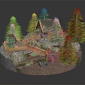 Cartoon Scene With Cozy Cabin Tall Pine Trees Wooden Bridge Small Stream And Circular Base