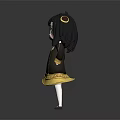 Cartoon Character With Cat Ears Black Hair Green Eyes In Brown Dress And Yellow Trim