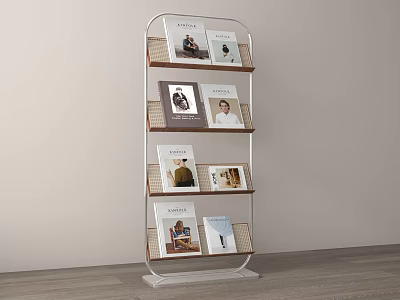 Modern Minimalist Bookcase With Multiple Open Shelves Displaying Magazines And Books 3d model